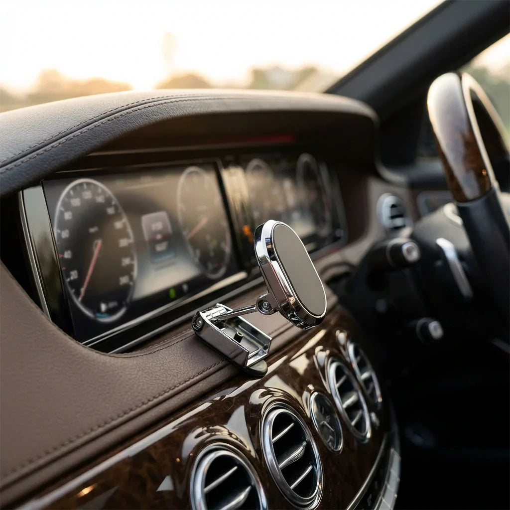Magnetic car phone holder on dashboard vent area with phone attached