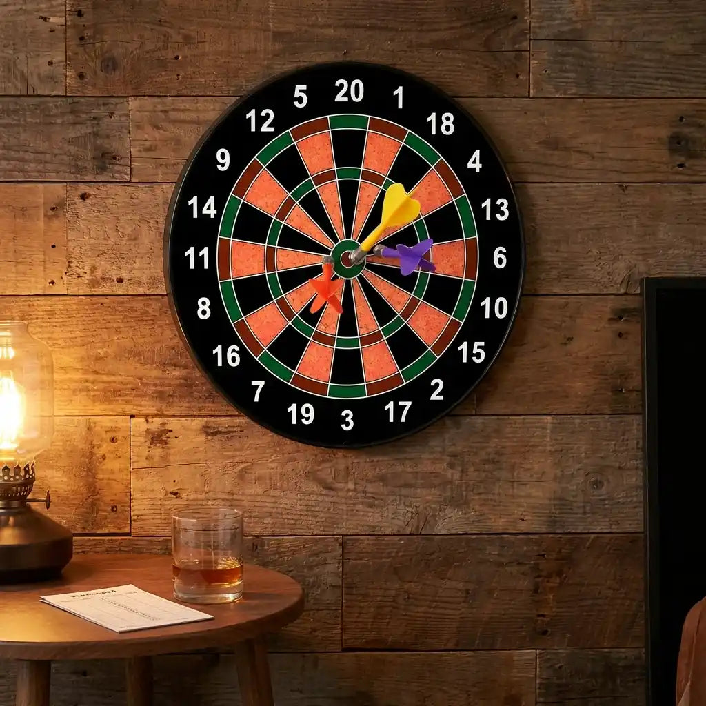 Magnetic dartboard game on dark surface with numbered sections and three colorful darts