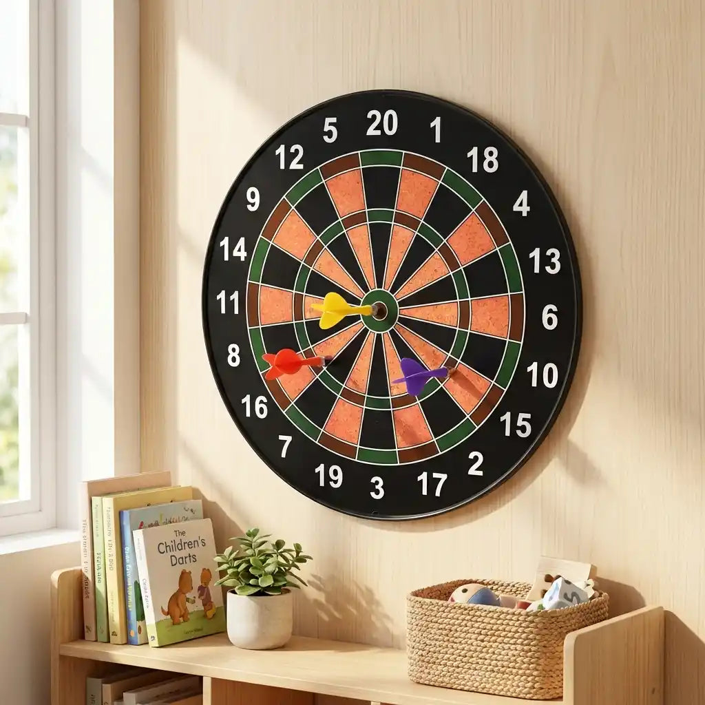 Magnetic dartboard game with numbered rings and three colorful magnetic darts on black face