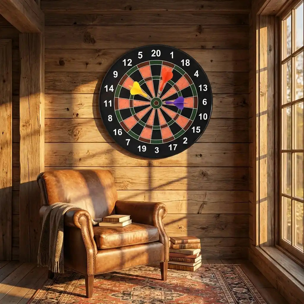 Magnetic dartboard game mounted on wood wall with orange and green target rings