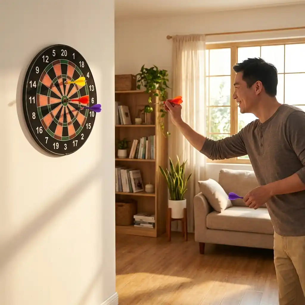 Magnetic dartboard game wall-mounted with numbered target rings and several colorful darts