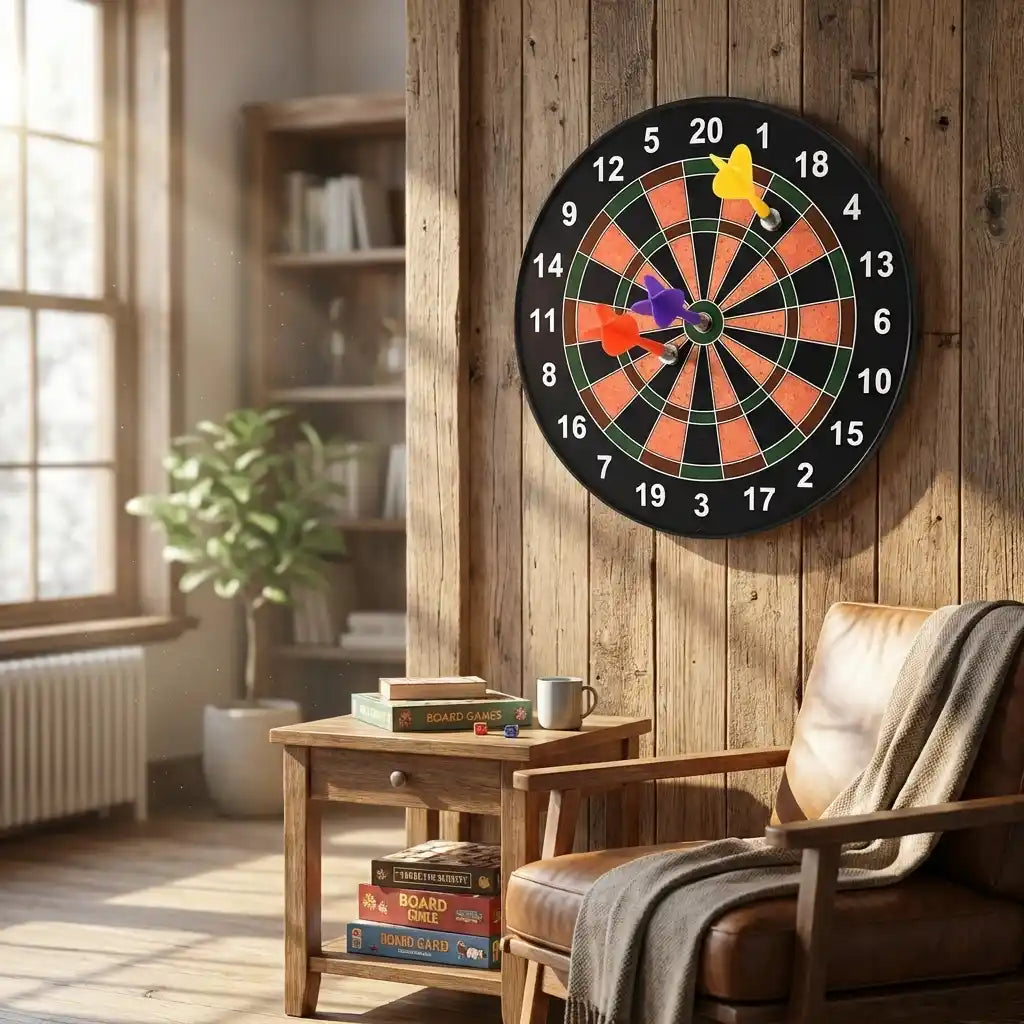 Magnetic dartboard game mounted on wooden panel with numbered target and colorful darts