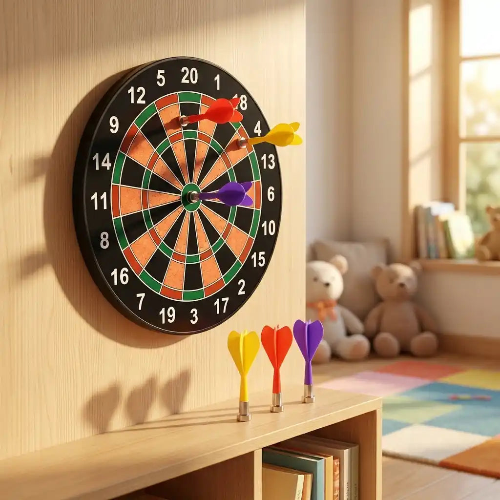 Mounted magnetic dartboard game with orange, green, and red rings and darts
