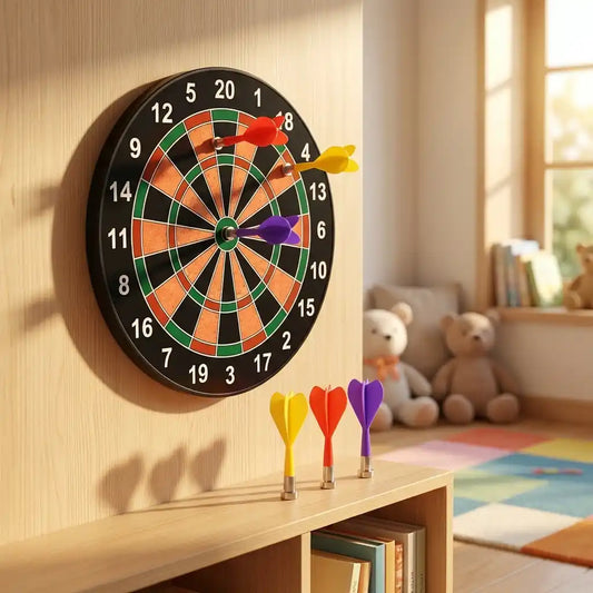 Mounted magnetic dartboard game with orange, green, and red rings and darts