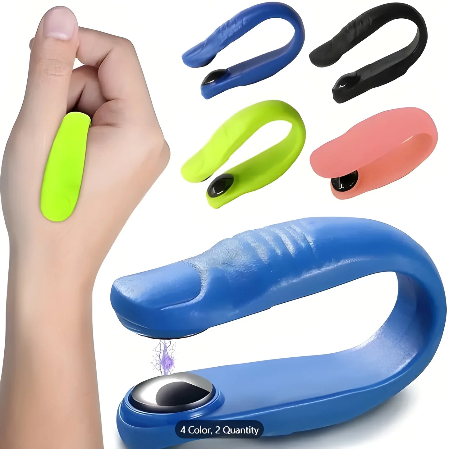 Migraine relief clips, including blue U-shaped clip and neon green clip held by hand