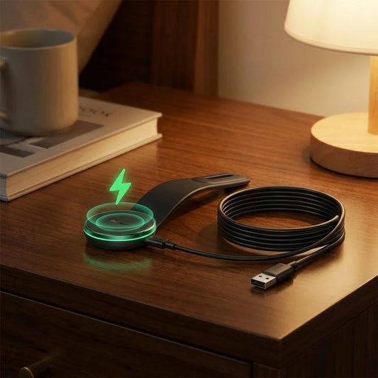 Black magnetic wireless car charger pad with USB cable and glowing ring