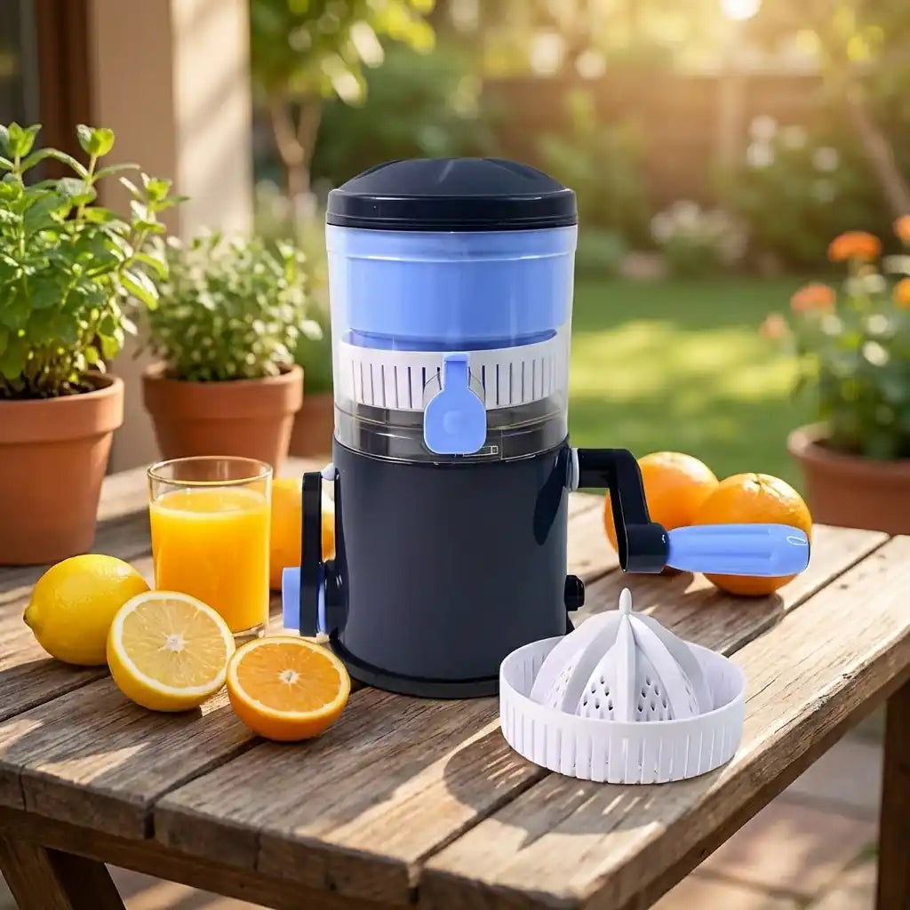 Manual compact fruit juicer, blue-and-black body with handle and white pulp strainer