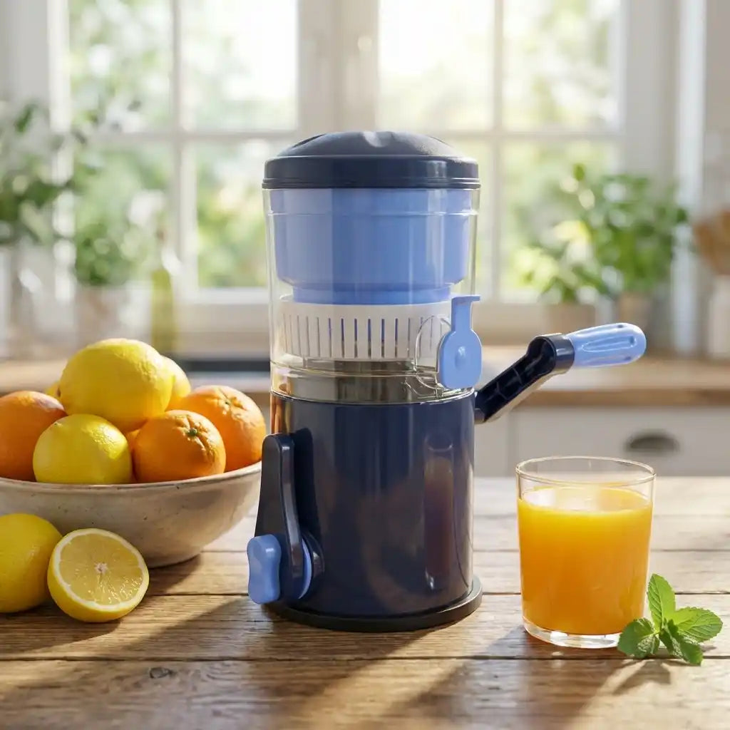 Manual compact fruit juicer with blue lid, black body, and clear pulp strainer cup