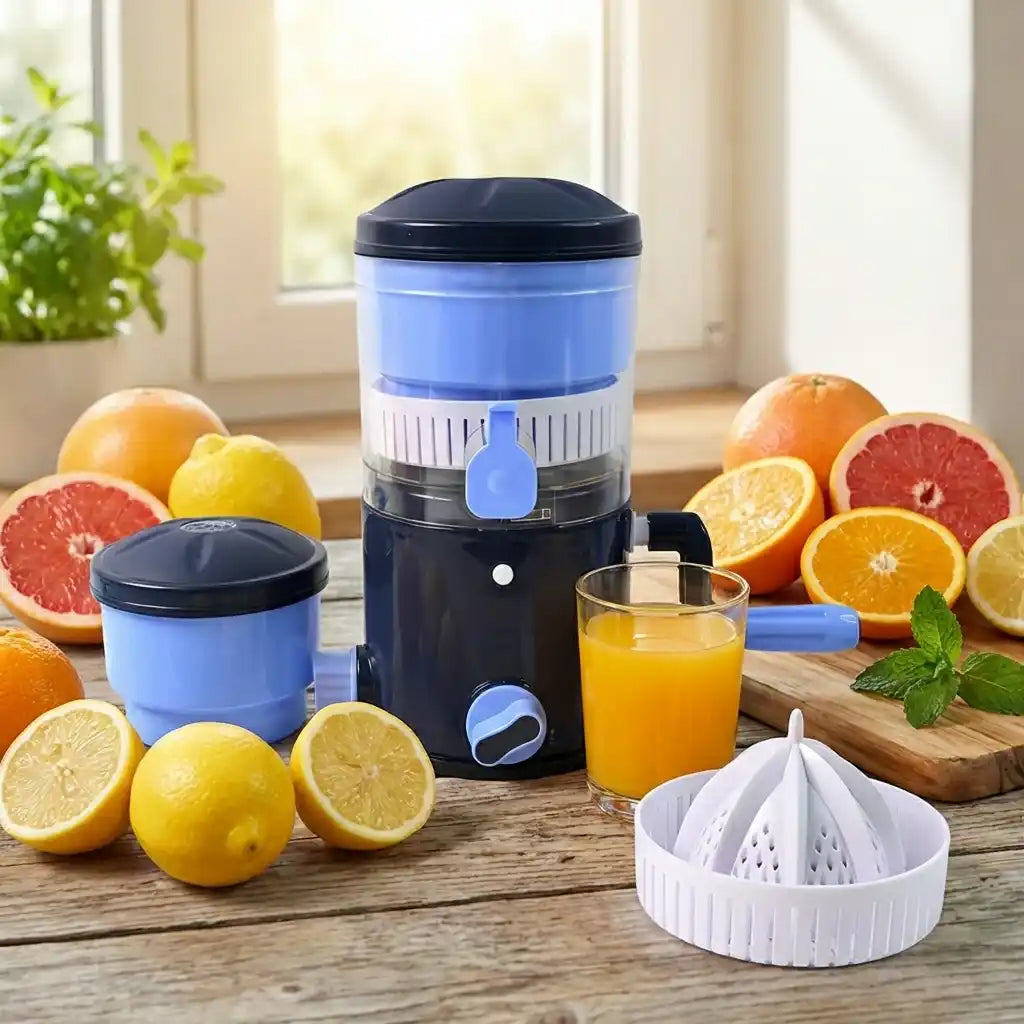 Manual compact fruit juicer with blue body, black chamber, and white strainer cup