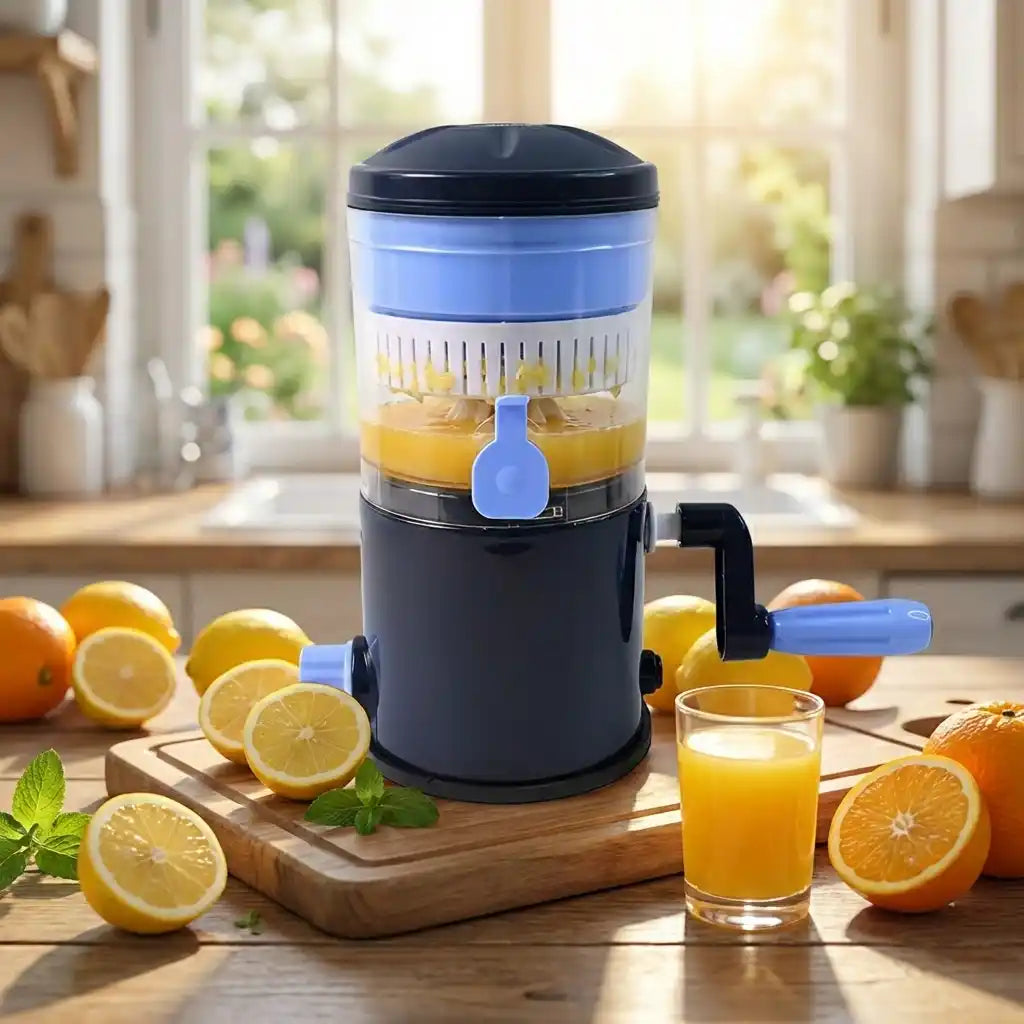 Manual compact fruit juicer with blue top and black base, set with juice cups
