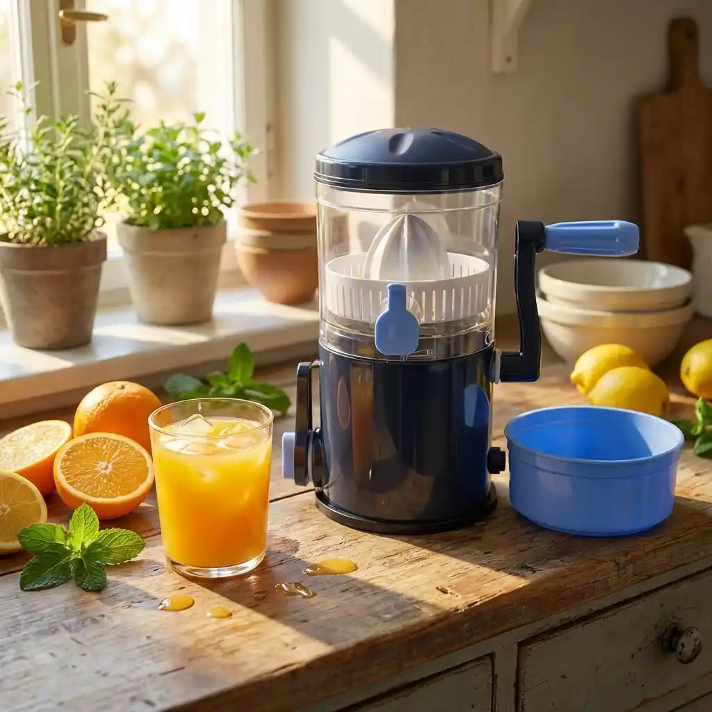 Manual compact fruit juicer with clear container, blue handle, and white strainer