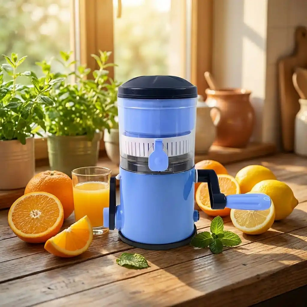 Manual compact fruit juicer with blue body, black spout, and white strainer insert