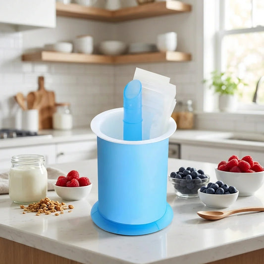 Blue homemade popsicle maker with plastic mold chamber