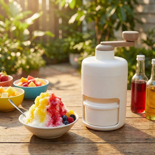 Manual ice crusher shaver, white handheld-style countertop device for shaved ice
