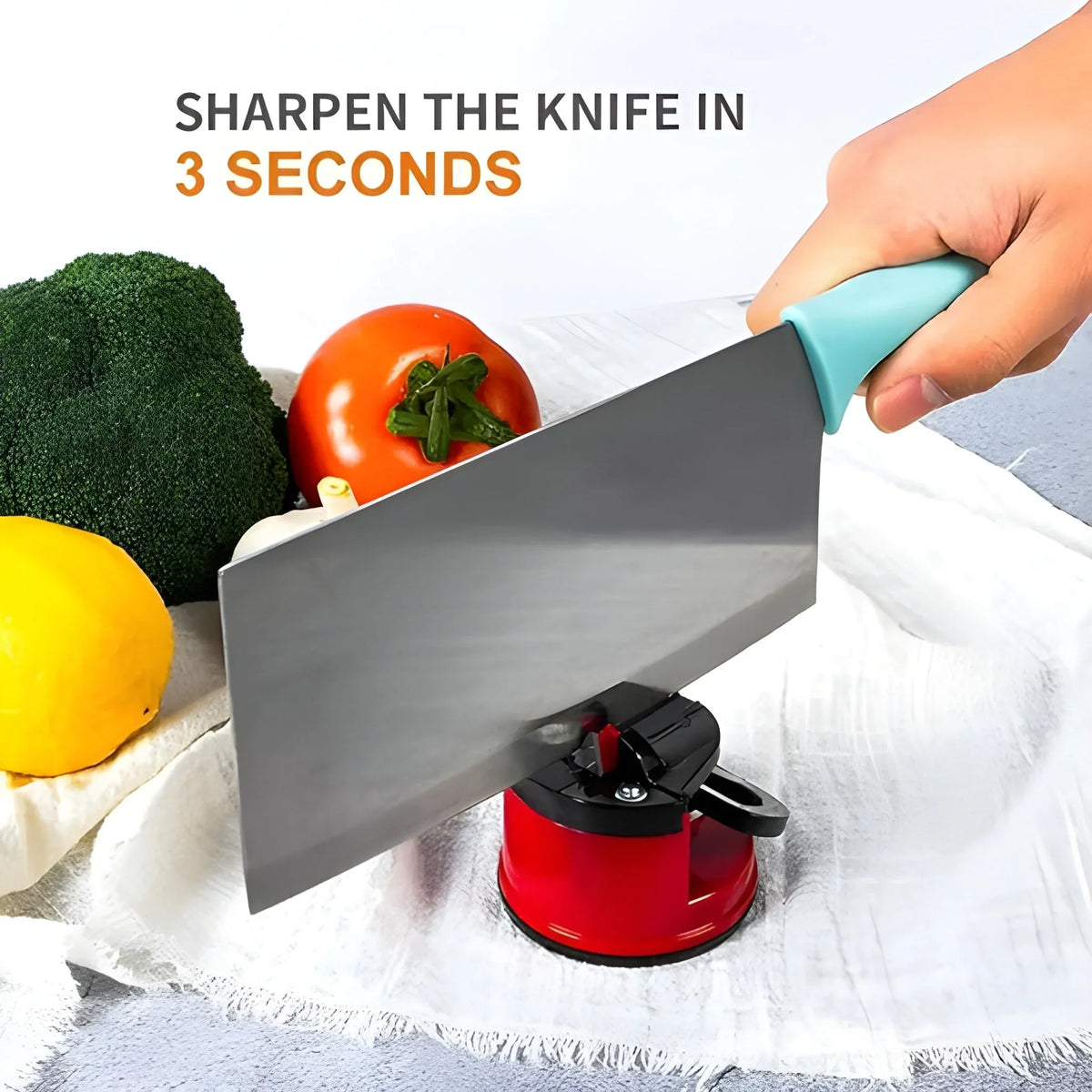 Manual kitchen knife sharpener with red base and teal handle, knife being sharpened
