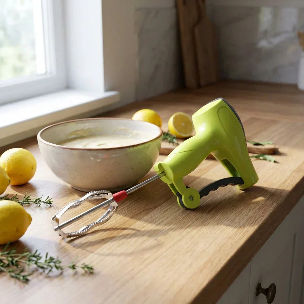 Manual power-free hand blender with whisk attachment, lime green