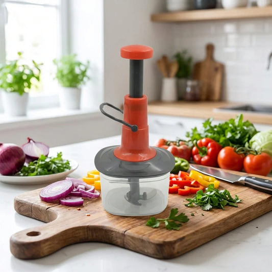 Manual fruit and vegetable chopper with orange handle and clear press cup on base