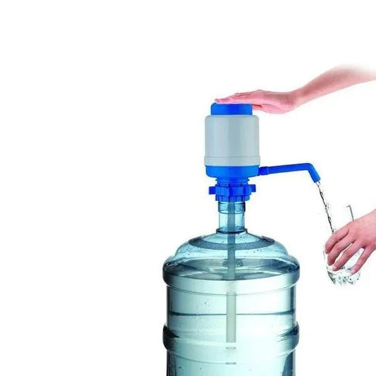 Manual water pump dispenser with blue pump head and clear water tank