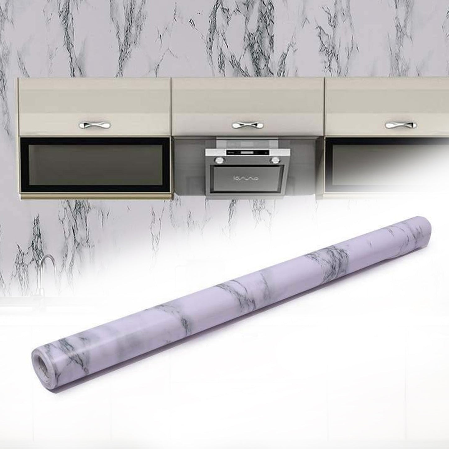 Marble kitchen wallpaper roll with light gray veining pattern