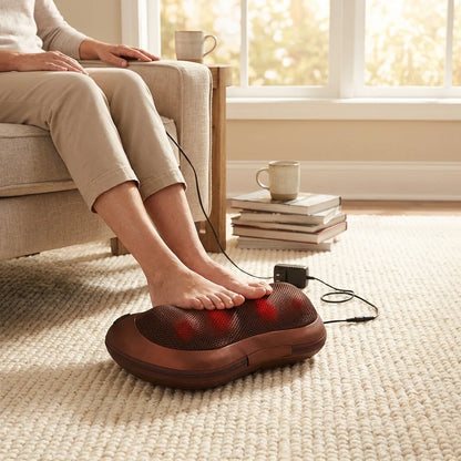 Heated massage pillow on the floor with glowing red heat dots and power cable.