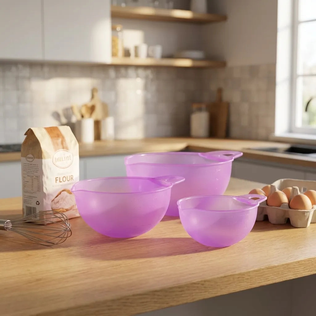 Purple mixing bowl set with loop handles arranged on wooden countertop