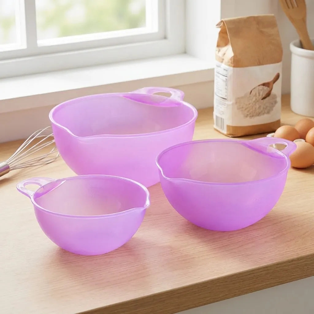 Purple mixing bowl set with loop handles in varied sizes