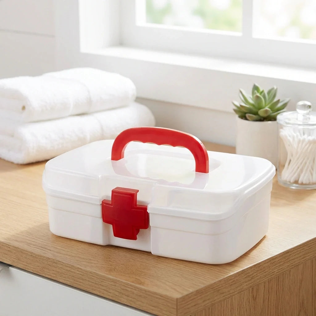 Medical storage box with red handle and red cross on white lidded container
