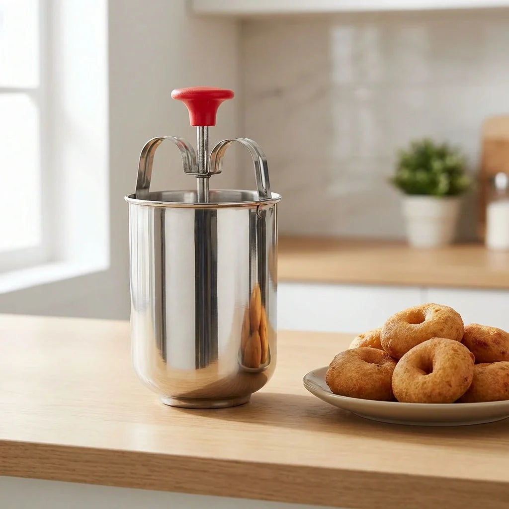 Stainless steel Medu vada maker with red lid and handle; stainless pot with vadas