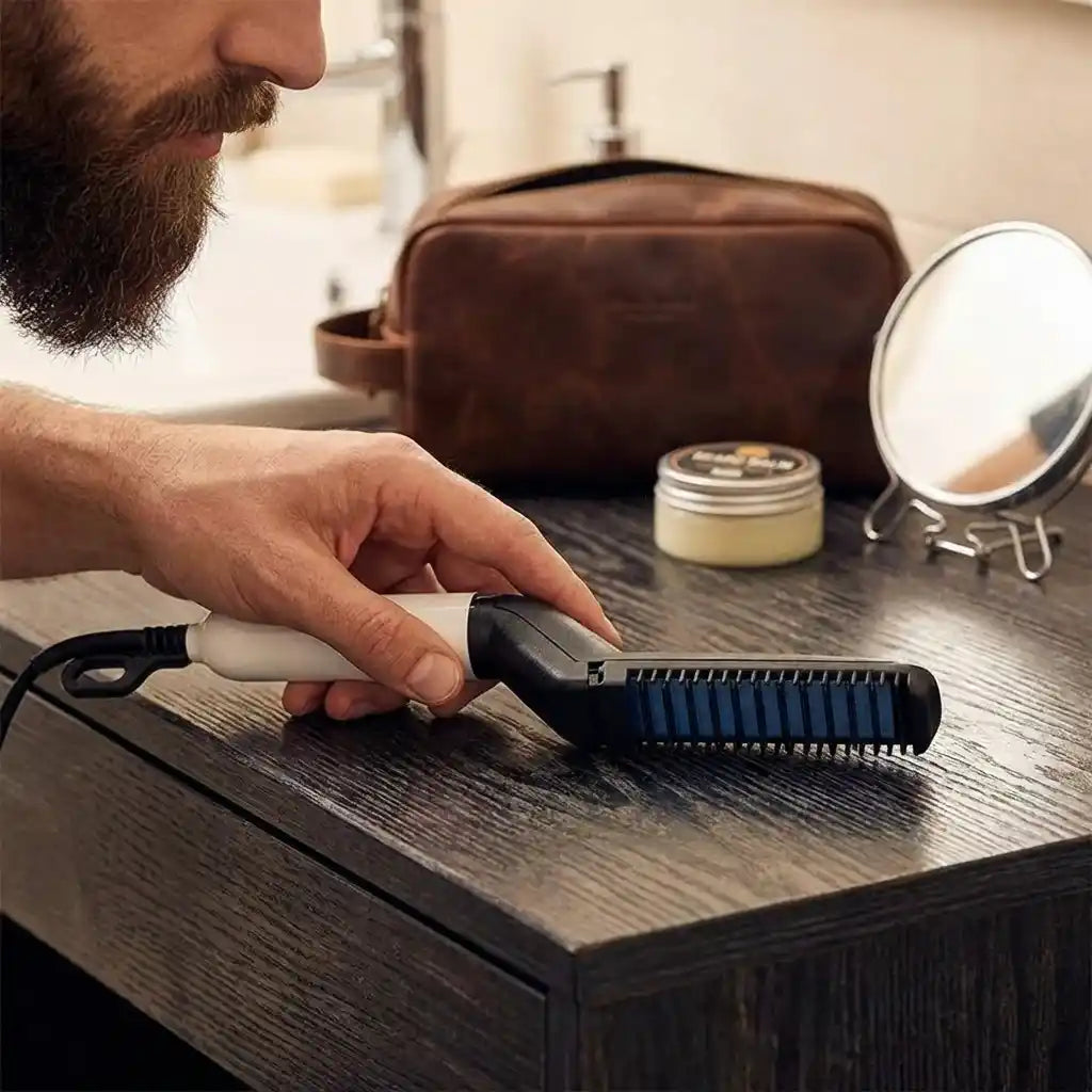 Beard and hair curling straightener with blue comb and white handle being used on beard.