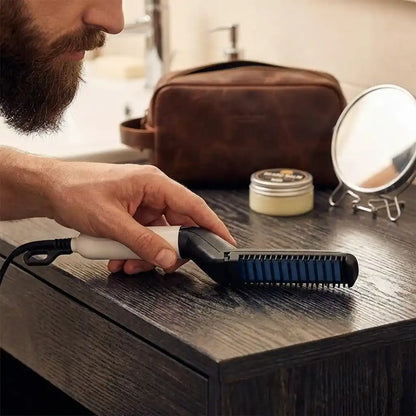 Beard and hair curling straightener with blue comb and white handle being used on beard.