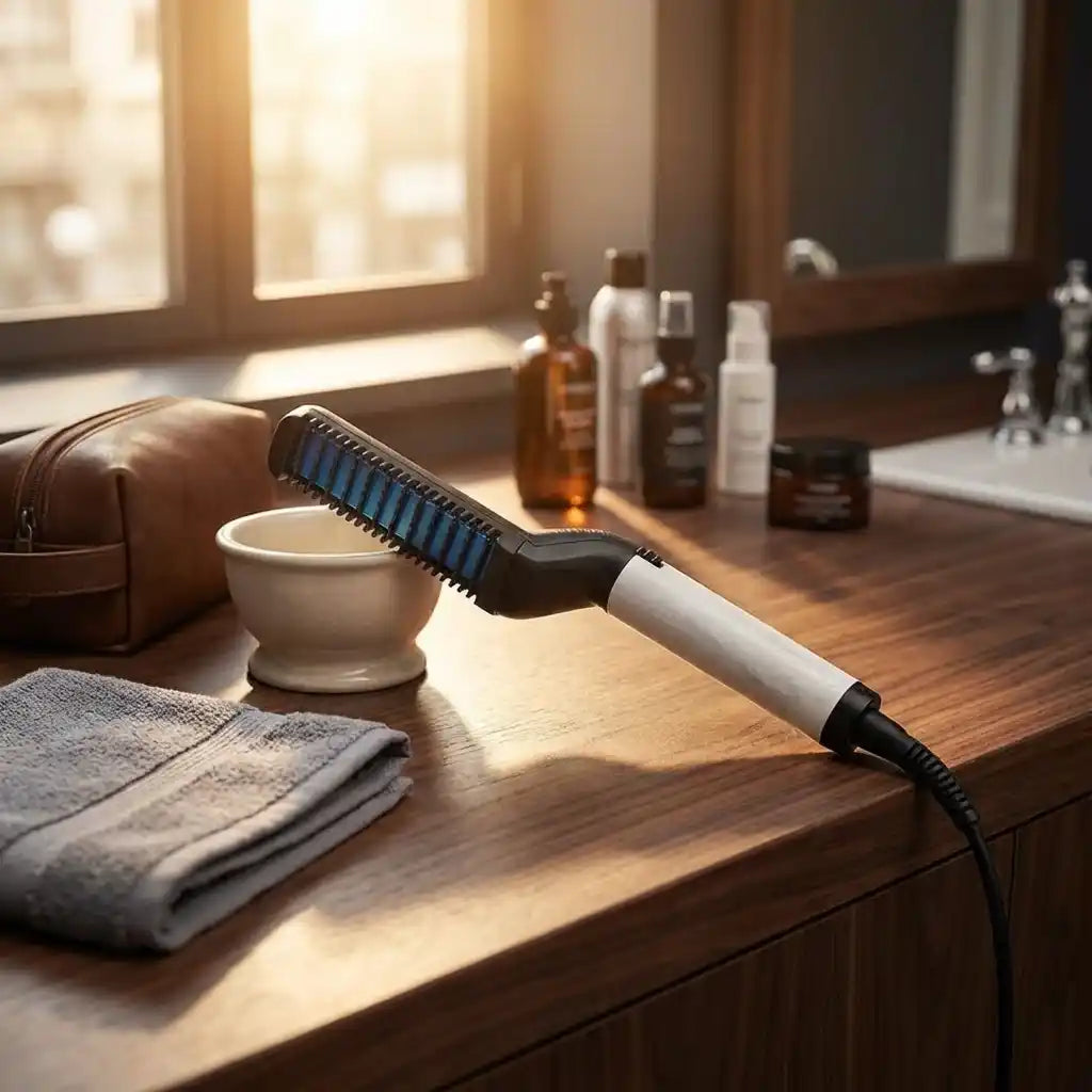 Beard and hair curling straightener with blue comb head and white handle on countertop.