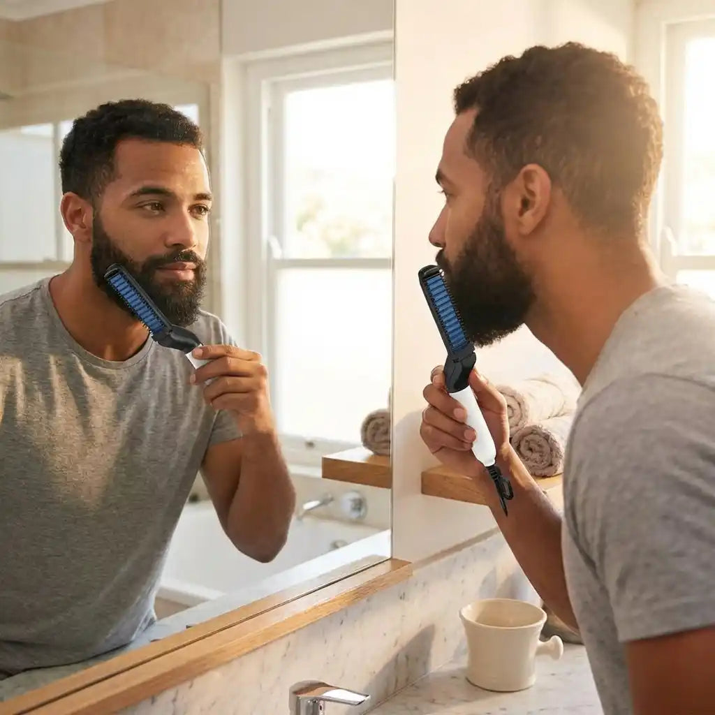 Beard and hair curling straightener with blue comb and black handle, corded.
