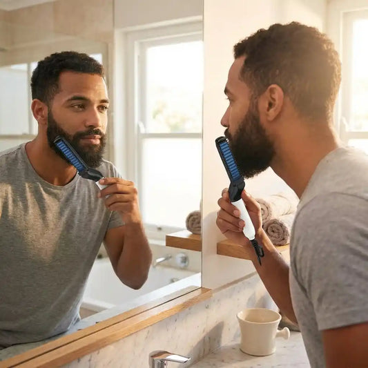 Beard and hair curling straightener with blue comb and black handle, corded.