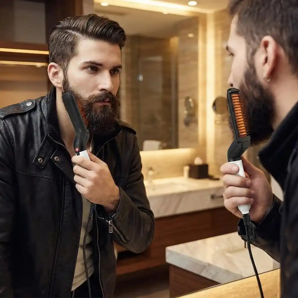 Beard and hair curling straightener with blue comb and white body held while grooming.