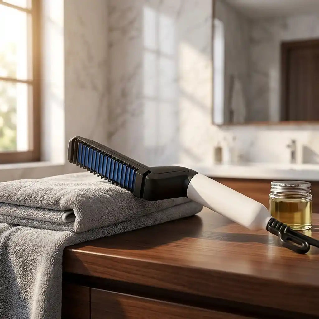 Beard and hair curling straightener with blue comb head and white handle on folded towel.