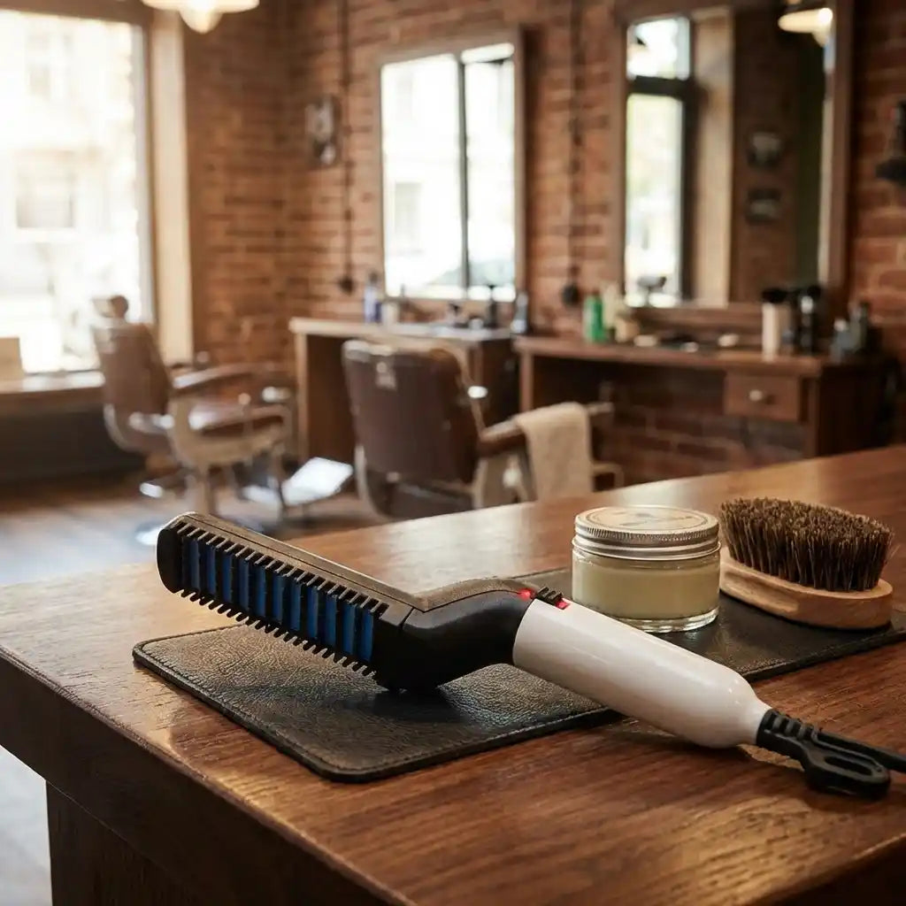 Corded beard and hair curling straightener with blue comb plates and white handle.
