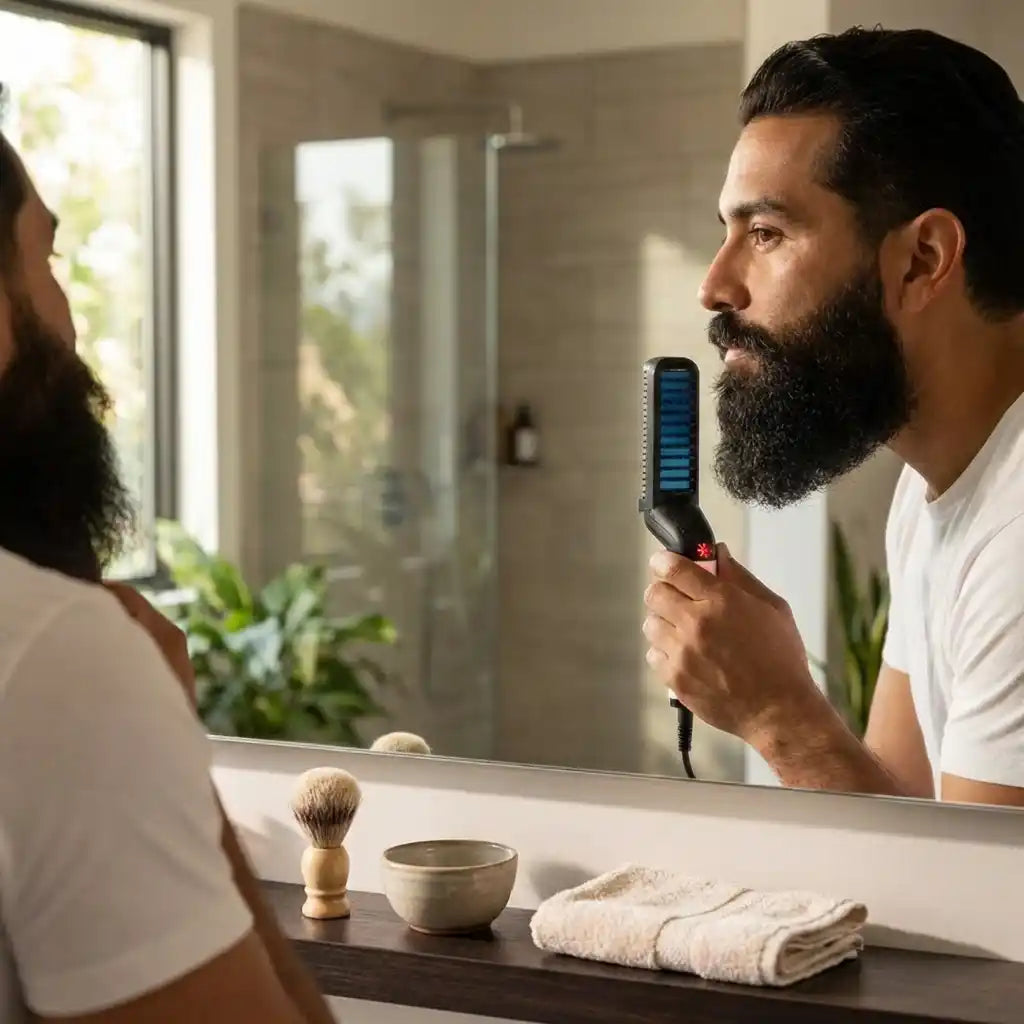 Beard and hair curling straightener held near beard, with blue comb head and black body.