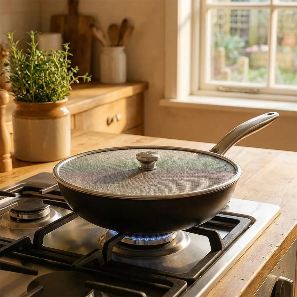 Round mesh net cover with central knob, used as a pan lid on a gas burner.