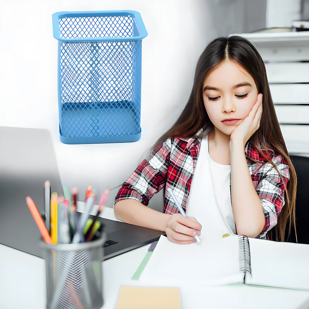 Blue metal mesh cylindrical pen holder with perforated grid design