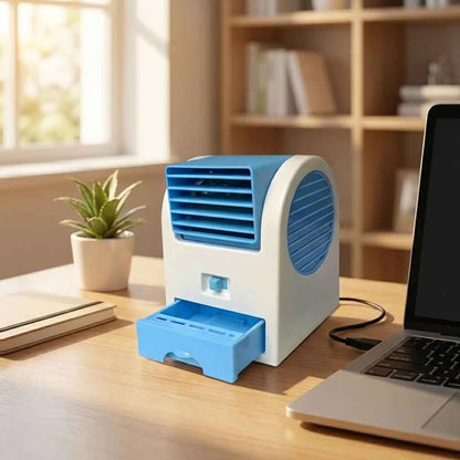Mini bladeless cooler, white and blue with side vent grille and open ice compartment