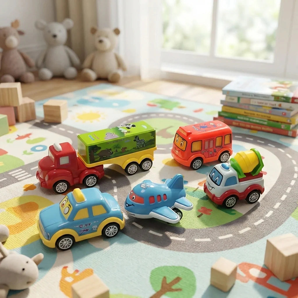 Cartoon plastic vehicle toy set with red truck, blue airplane, and orange bus on road