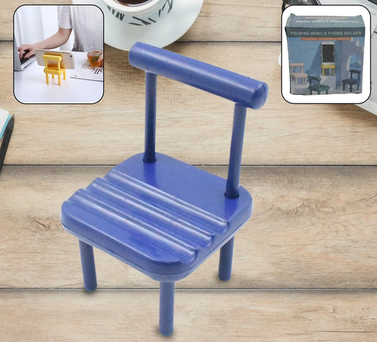 Blue mini chair phone holder with slotted seat and backrest for tabletop phone