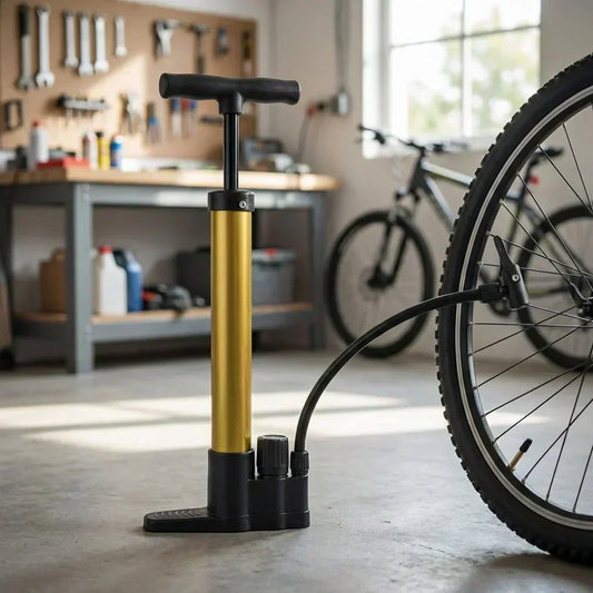 Mini hand air pump with black handle and base, gold cylinder, connected hose