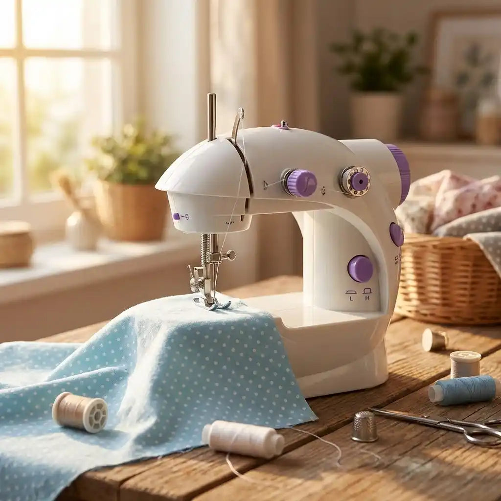Mini hand sewing machine in white with purple dial settings, stitch foot and needle