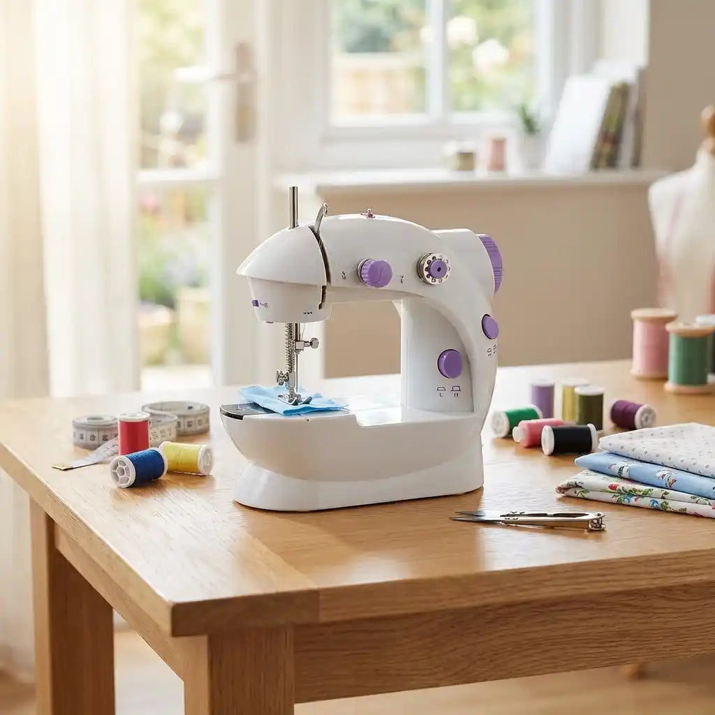 Mini hand sewing machine with white body and purple controls, sewing needle and presser foot