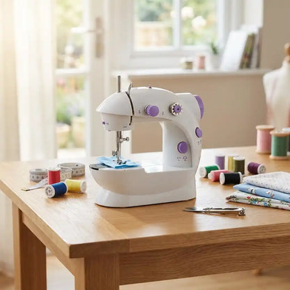 Mini hand sewing machine with white body and purple controls, sewing needle and presser foot