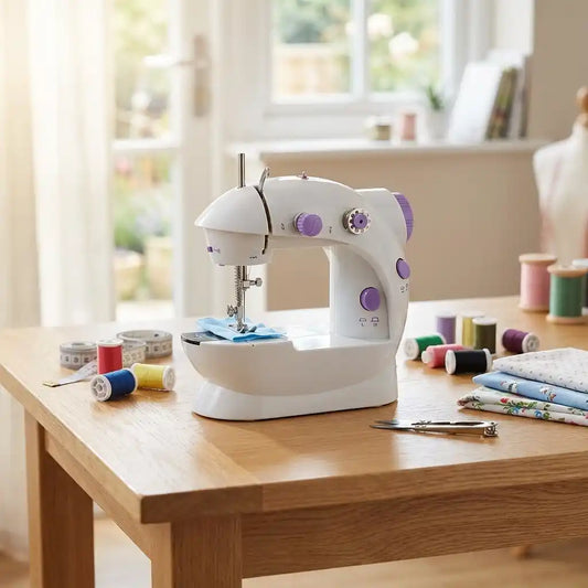 Mini hand sewing machine with white body and purple controls, sewing needle and presser foot