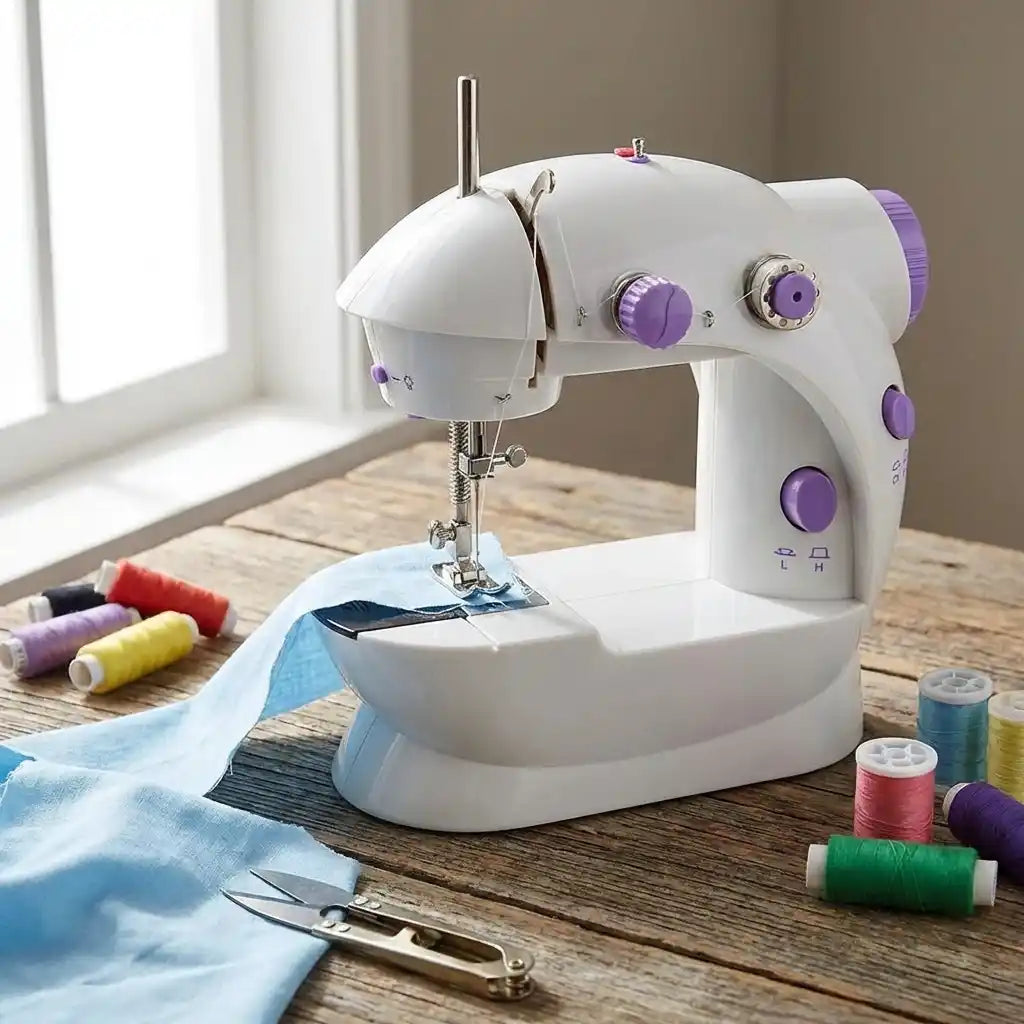 Mini hand sewing machine in white with purple accents, sewing needle working on blue fabric
