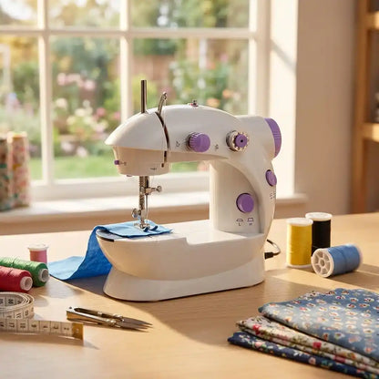 Mini hand sewing machine with white housing and purple dials, stitching a blue fabric piece