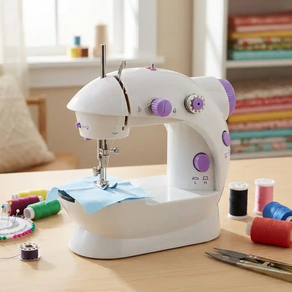Mini hand sewing machine with white housing and purple dial settings, needle and stitch plate